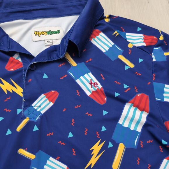 Tipsy Elves Polo Mens Large Grand Finale Patriotic Shirt Popsicle AOP Print - Picture 4 of 8